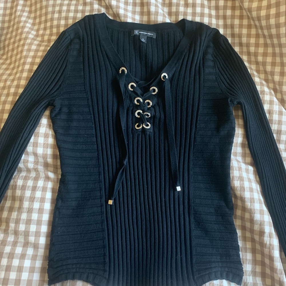 Ribbed Lace up Long Sleeve Top by INC